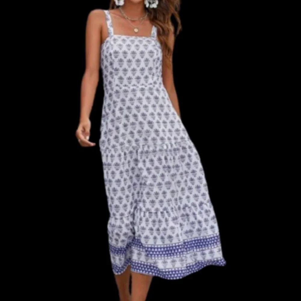 Hot Boho Dress Blue + White Floral Botanical Print Midi - Picture 6 of 6